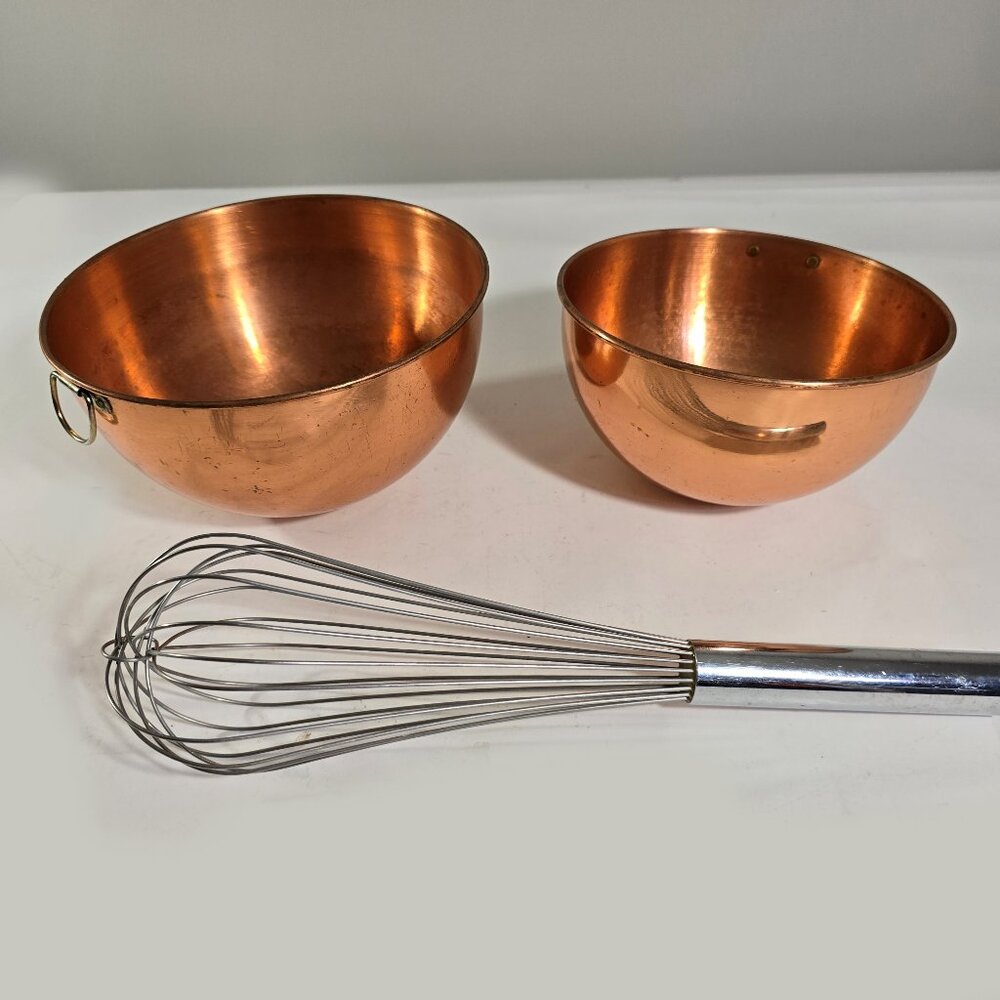 Copper Mixing Bowls Set with Whisk - Polished Copper Finish